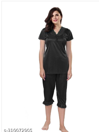 Women's Cotton Night Suit | Black | Stylish Sleepwear Set