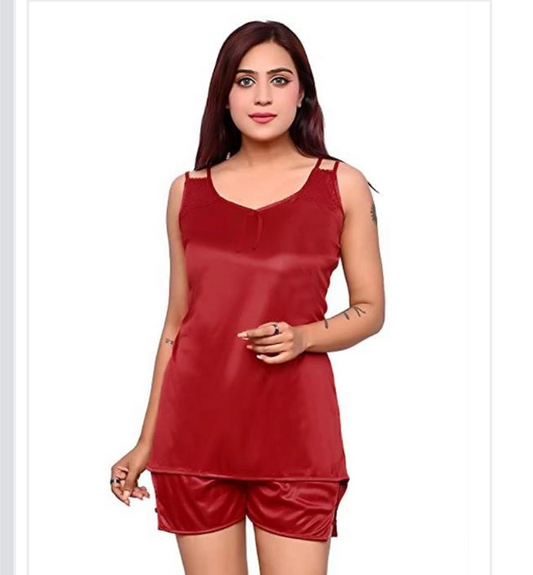 Red Satin Nightdress Set for Women | Romantic Silky Nightwear