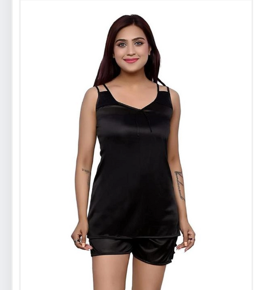 Black Satin Nightdress Set for Women | Elegant Silky Sleepwear