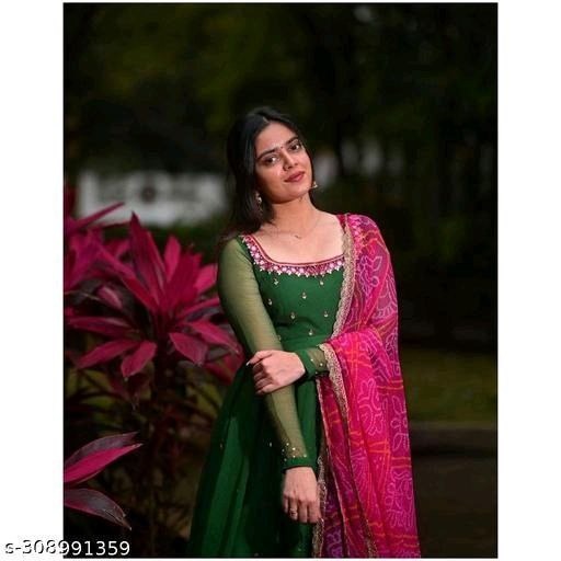 Solid Georgette Gown Kurta with Dupatta | Green | Long Ethnic Dress Set