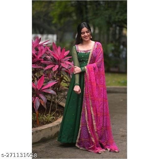 Solid Georgette Gown Kurta with Dupatta | Green | Long Ethnic Dress Set