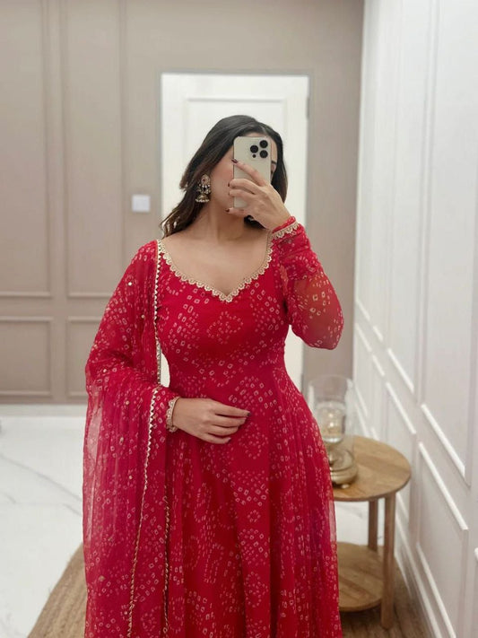 Red Bandhani Styles Gown for Women | Ethnic Festive Party Wear