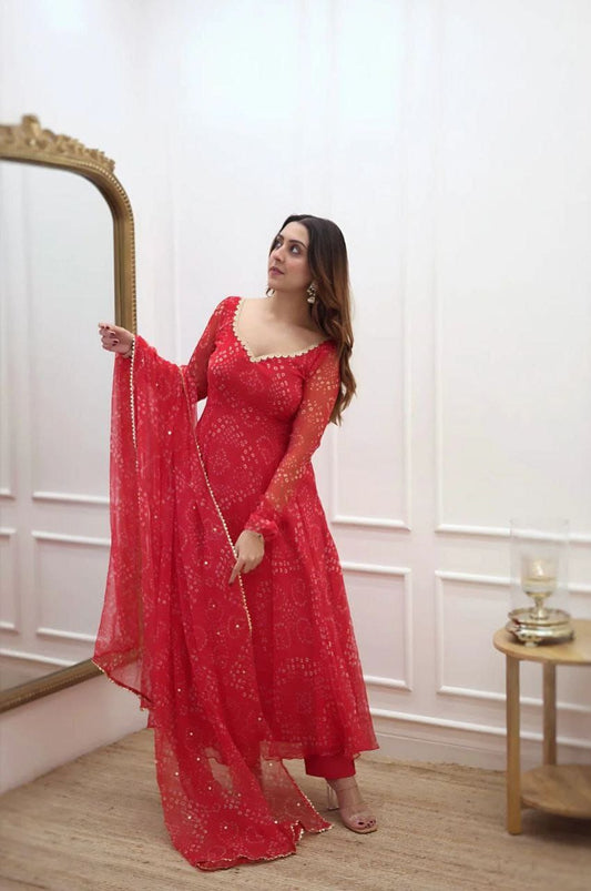 Red Bandhani Styles Gown for Women | Ethnic Festive Party Wear