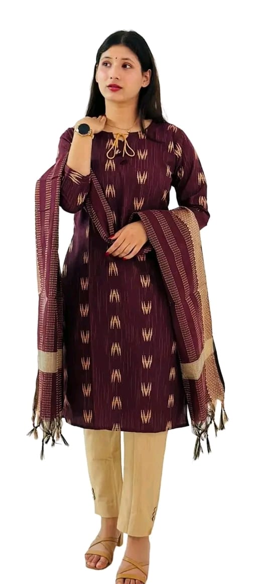 Women's Cotton Kurta Pant Set with Dupatta | Maroon | Ethnic 3-Piece
