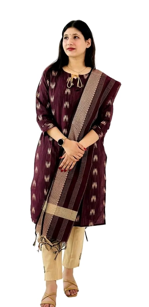 Women's Cotton Kurta Pant Set with Dupatta | Maroon | Ethnic 3-Piece