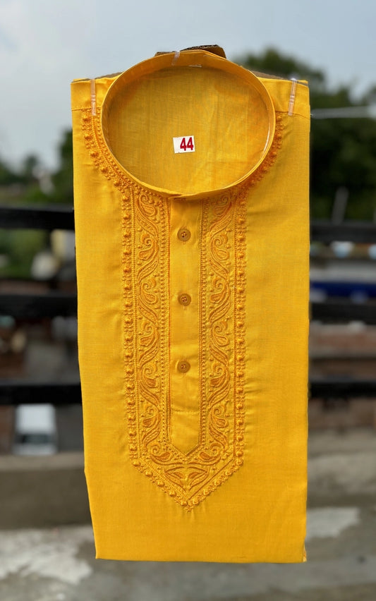 Men's Cotton Embroidered Kurta — Yellow