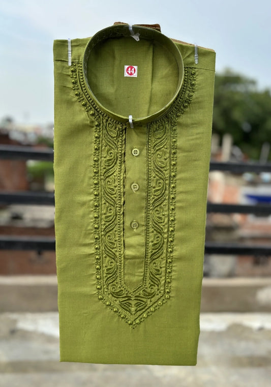 Men's Cotton Embroidered Kurta — Green