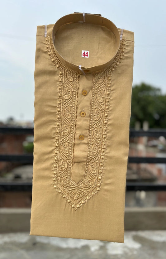 Men's Cotton Embroidered Kurta — Cream