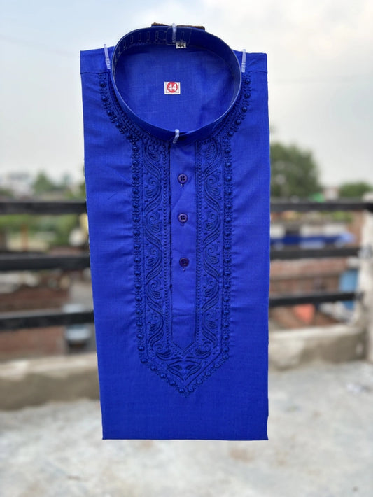 Men's Cotton Embroidered Kurta — Royal Blue
