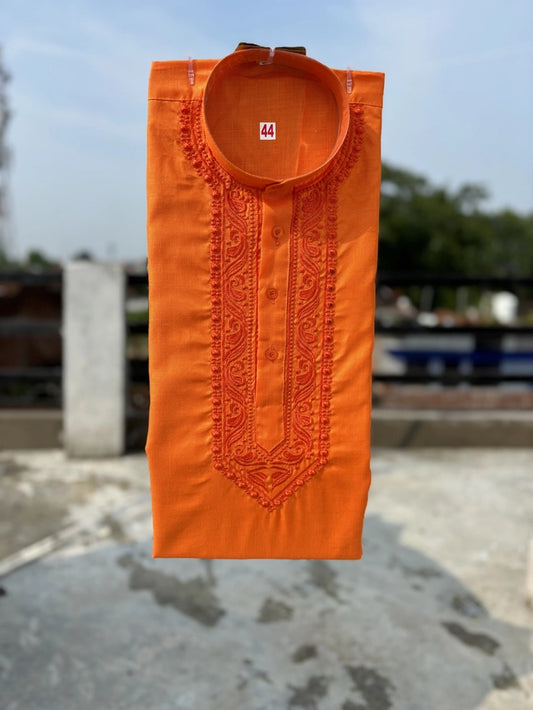 Men's Cotton Embroidered Kurta — Orange