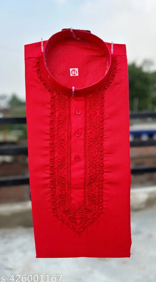Men's Cotton Embroidered Kurta — Red