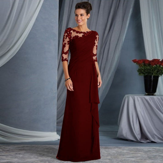 European and American Clothing Foreign Trade Long Lace See-Through Round Neck Mid-Sleeve Dress Wedding Dress Cross-Border Exclusive New Model