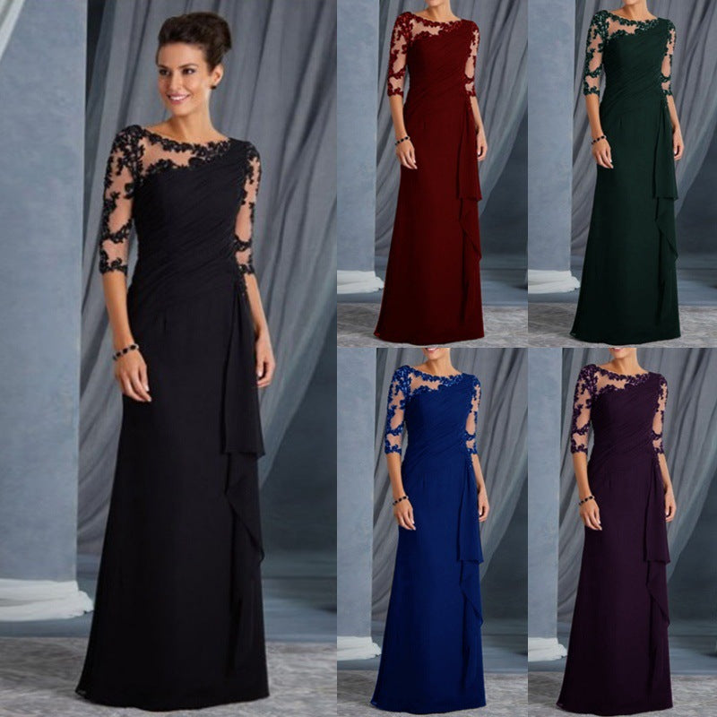 European and American Clothing Foreign Trade Long Lace See-Through Round Neck Mid-Sleeve Dress Wedding Dress Cross-Border Exclusive New Model
