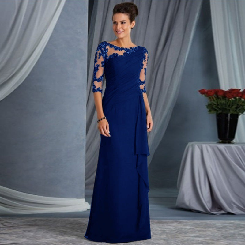 European and American Clothing Foreign Trade Long Lace See-Through Round Neck Mid-Sleeve Dress Wedding Dress Cross-Border Exclusive New Model
