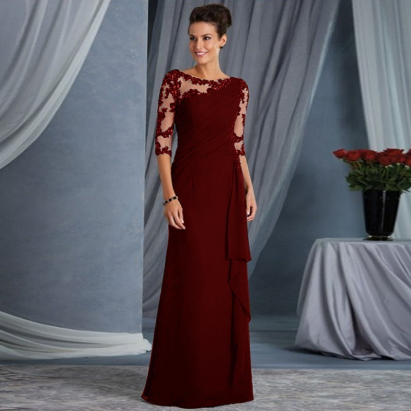European and American Clothing Foreign Trade Long Lace See-Through Round Neck Mid-Sleeve Dress Wedding Dress Cross-Border Exclusive New Model
