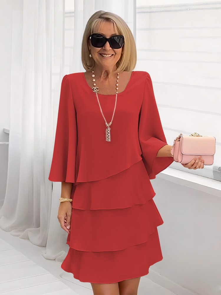 2026 New Amazon Foreign Trade Spring/Summer Fashion Cake Dress Women's Elegant Loose Slimming Round Neck Dress