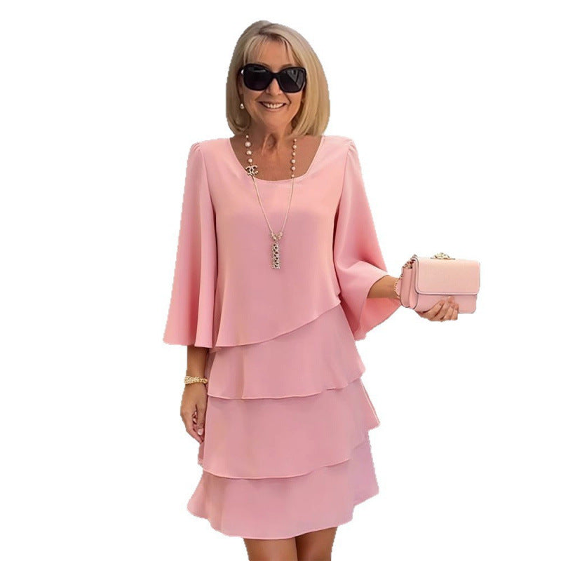 2026 New Amazon Foreign Trade Spring/Summer Fashion Cake Dress Women's Elegant Loose Slimming Round Neck Dress