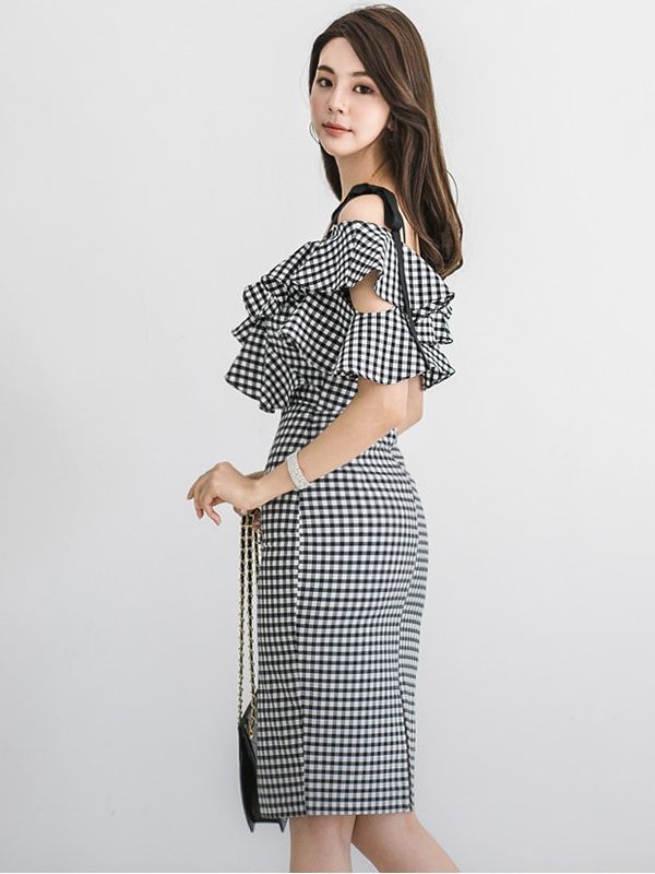 Deep V Neck Sexy Slim Fit Hip-Hugging Dress Cross-Border 2025 Korean Style New Women's Hip-Hugging Sexy Plaid Midi Skirt