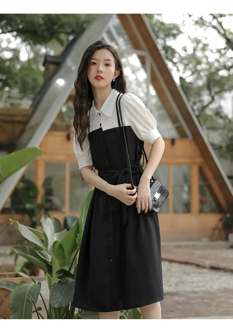 Small black dress elegant skirt women's summer long dress French shirt dress dress [no refund or exchange]]