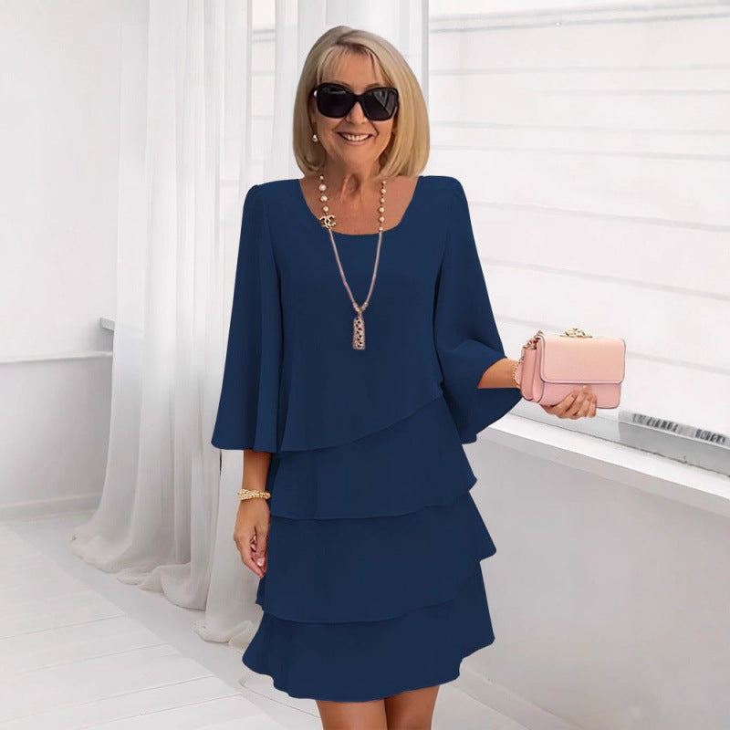 2026 New Amazon Foreign Trade Spring/Summer Fashion Cake Dress Women's Elegant Loose Slimming Round Neck Dress