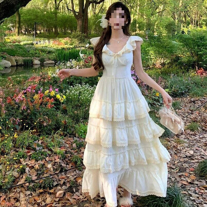 2026 Autumn Korean-Style Girl Group Dress with a Stylish Square Neckline, Waist-Cinching Design, Slimming Effect, Flared Sleeves, and Puffy Gown Dress