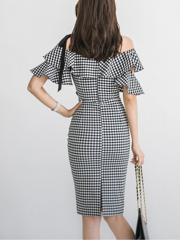 Deep V Neck Sexy Slim Fit Hip-Hugging Dress Cross-Border 2025 Korean Style New Women's Hip-Hugging Sexy Plaid Midi Skirt