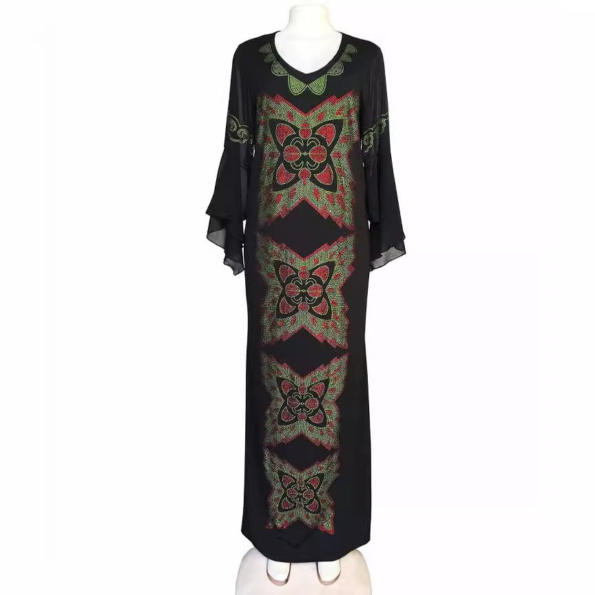 Cross-border high-end large-area butterfly rhinestone slim fishtail dress with chiffon lotus leaf sleeve dress special Qing