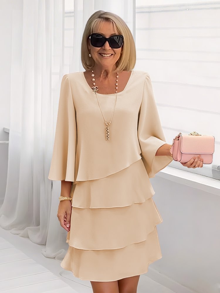 2026 New Amazon Foreign Trade Spring/Summer Fashion Cake Dress Women's Elegant Loose Slimming Round Neck Dress