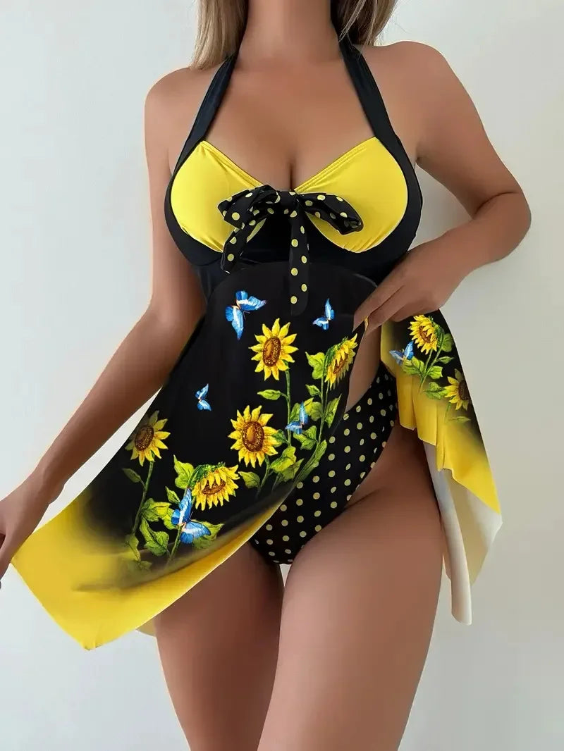 2026 New European and American Plus-Size Amazon Sunflower Dress Two-Piece Women's Split Swimsuit Wholesale in Stock