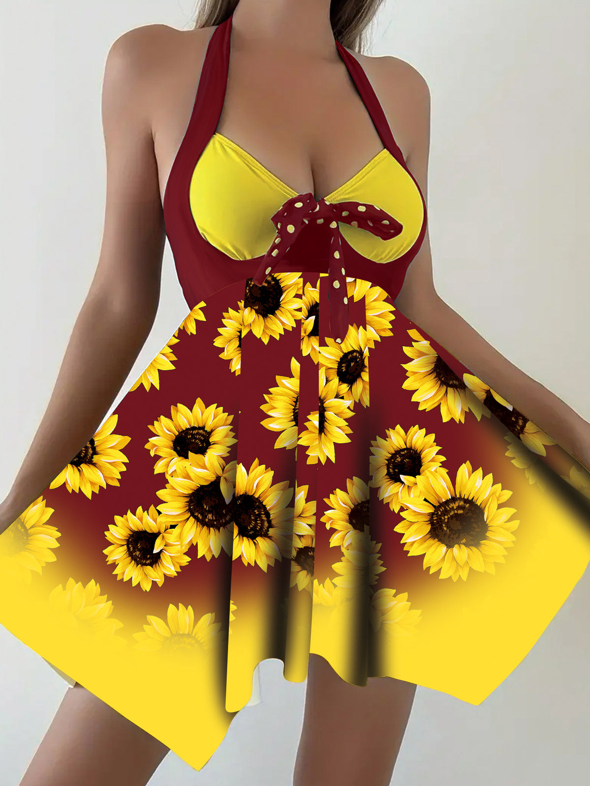 2026 New European and American Plus-Size Amazon Sunflower Dress Two-Piece Women's Split Swimsuit Wholesale in Stock