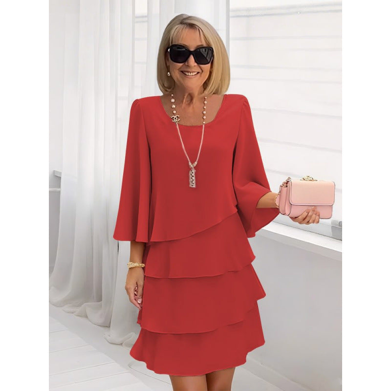 2026 New Amazon Foreign Trade Spring/Summer Fashion Cake Dress Women's Elegant Loose Slimming Round Neck Dress
