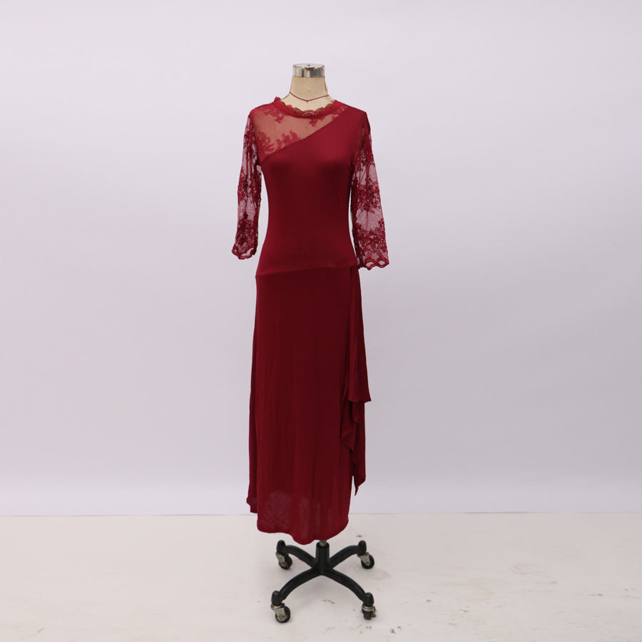 European and American Clothing Foreign Trade Long Lace See-Through Round Neck Mid-Sleeve Dress Wedding Dress Cross-Border Exclusive New Model