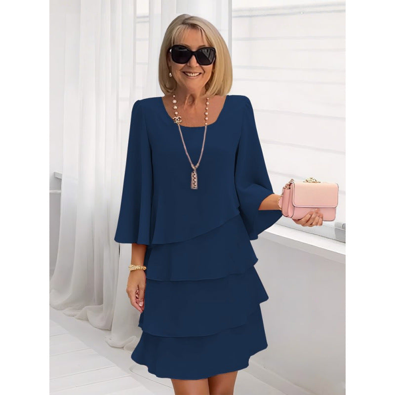 2026 New Amazon Foreign Trade Spring/Summer Fashion Cake Dress Women's Elegant Loose Slimming Round Neck Dress