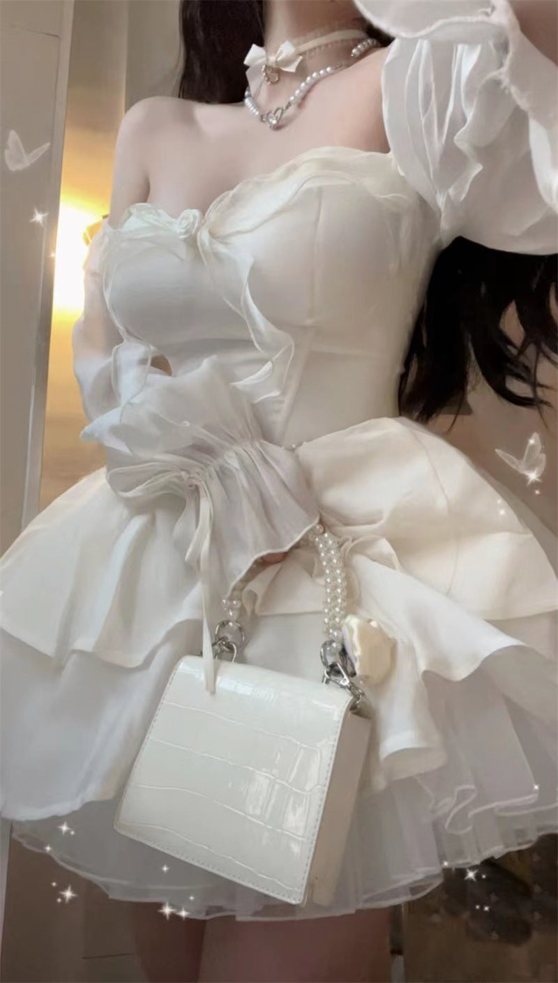 2026 Autumn Korean-Style Girl Group Dress with a Stylish Square Neckline, Waist-Cinching Design, Slimming Effect, Flared Sleeves, and Puffy Gown Dress