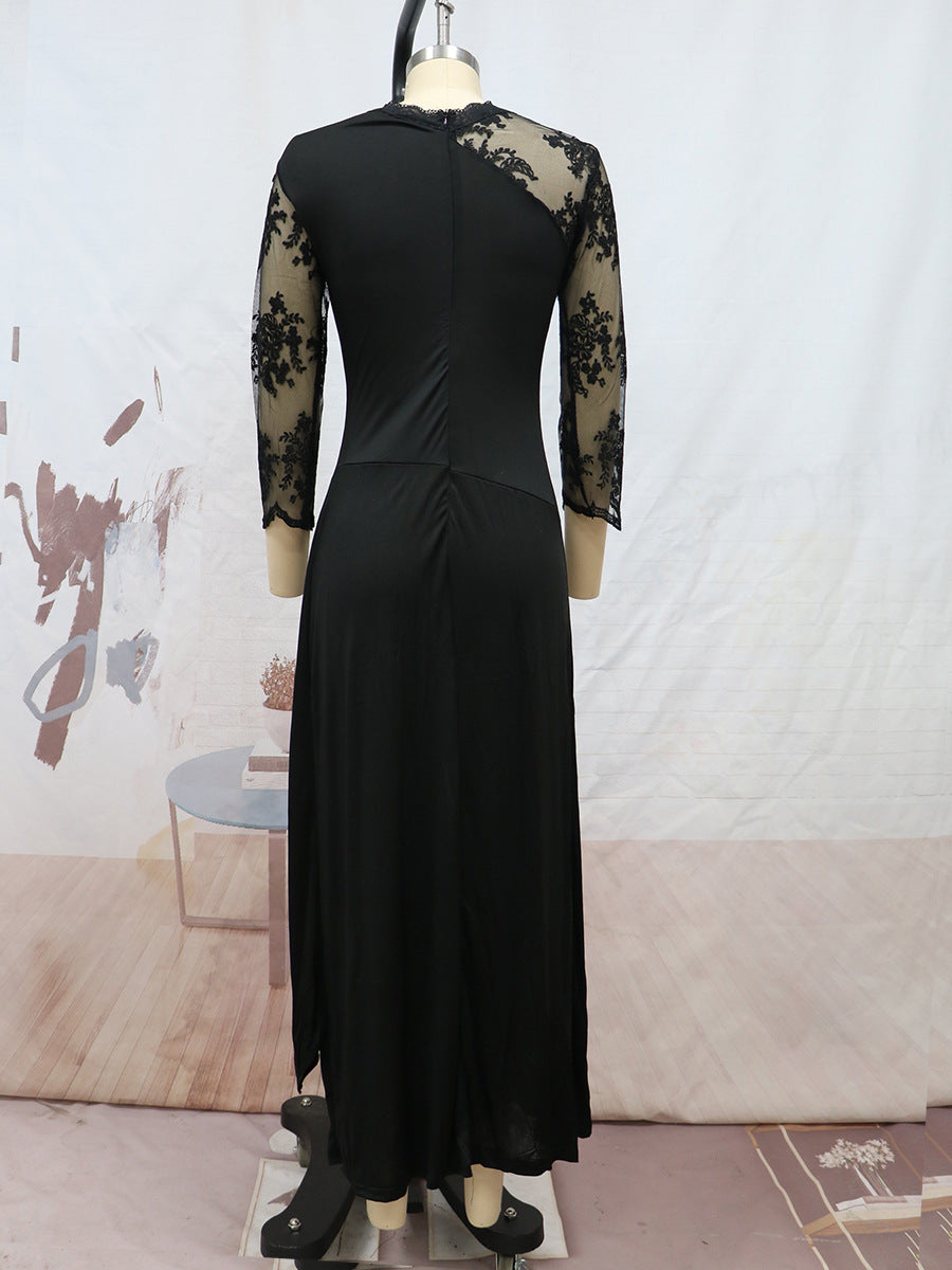 European and American Clothing Foreign Trade Long Lace See-Through Round Neck Mid-Sleeve Dress Wedding Dress Cross-Border Exclusive New Model