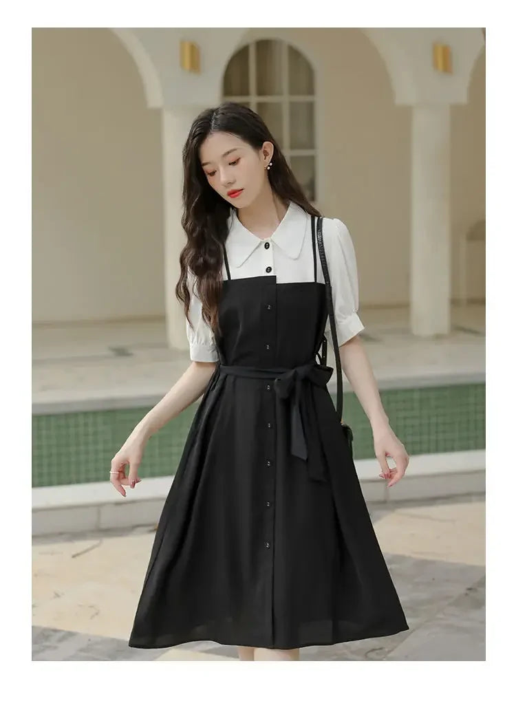 Small black dress elegant skirt women's summer long dress French shirt dress dress [no refund or exchange]]