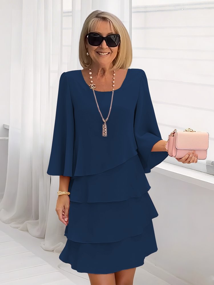 2026 New Amazon Foreign Trade Spring/Summer Fashion Cake Dress Women's Elegant Loose Slimming Round Neck Dress