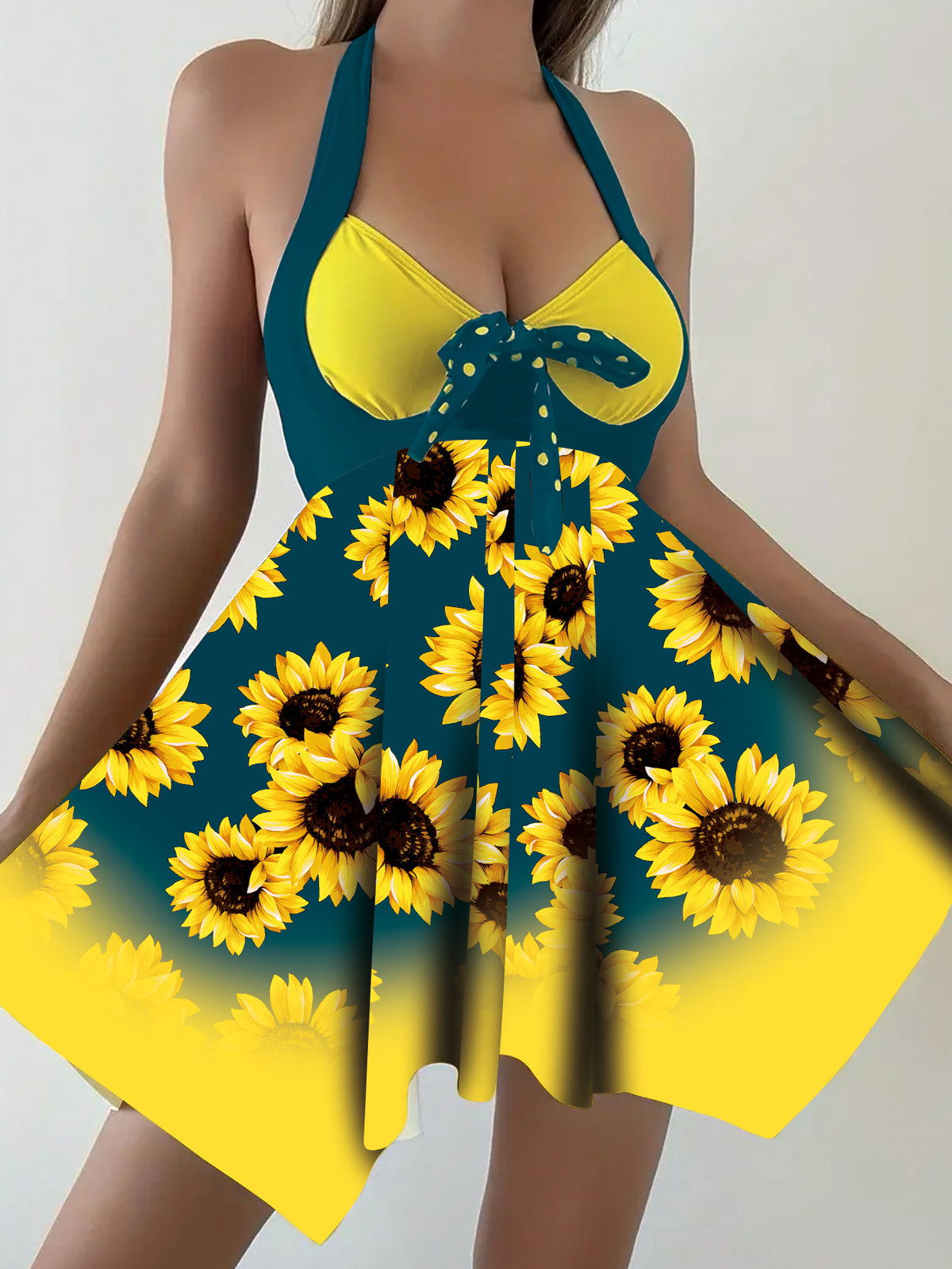 2026 New European and American Plus-Size Amazon Sunflower Dress Two-Piece Women's Split Swimsuit Wholesale in Stock