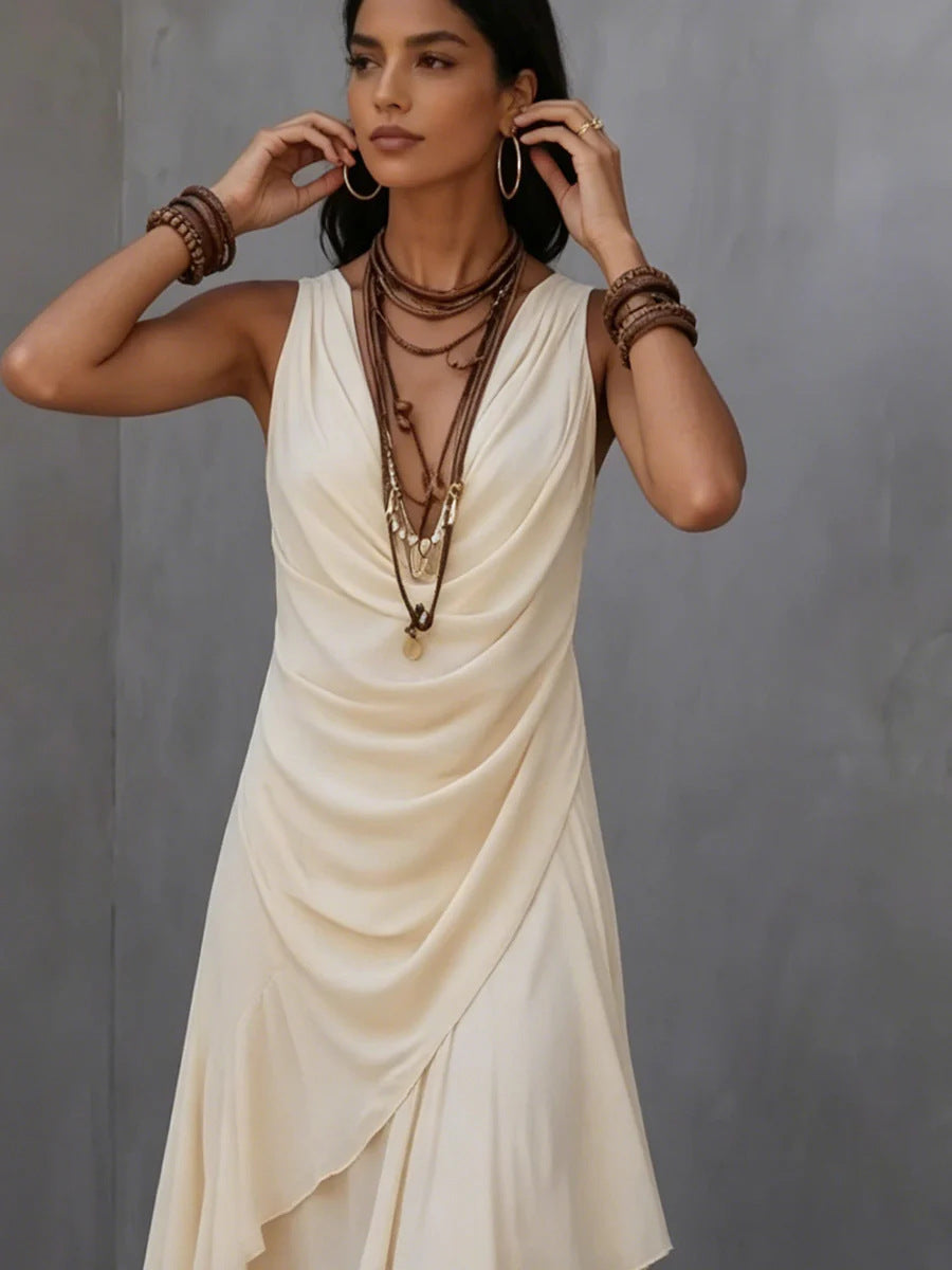 Cross-Border European and American Women's Summer Fashion New Sleeveless V-Neck Dress with Ruffled Irregular Hem Chiffon Vacation Long Dress