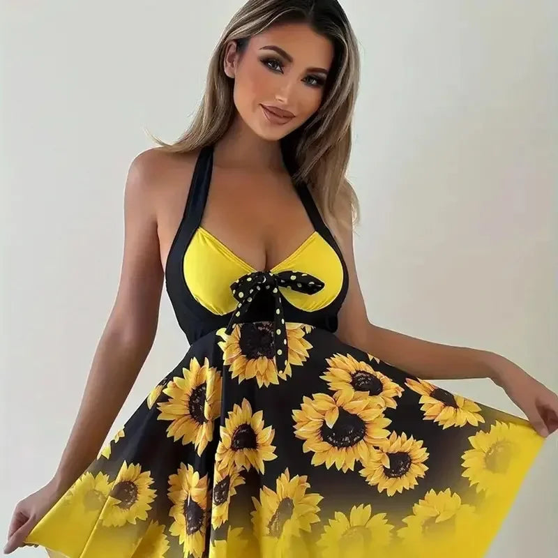 2026 New European and American Plus-Size Amazon Sunflower Dress Two-Piece Women's Split Swimsuit Wholesale in Stock