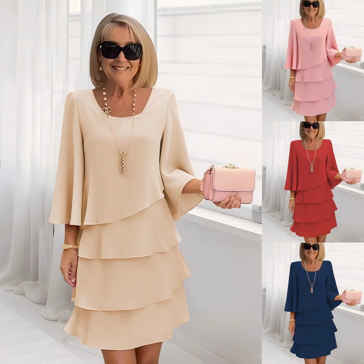 2026 New Amazon Foreign Trade Spring/Summer Fashion Cake Dress Women's Elegant Loose Slimming Round Neck Dress