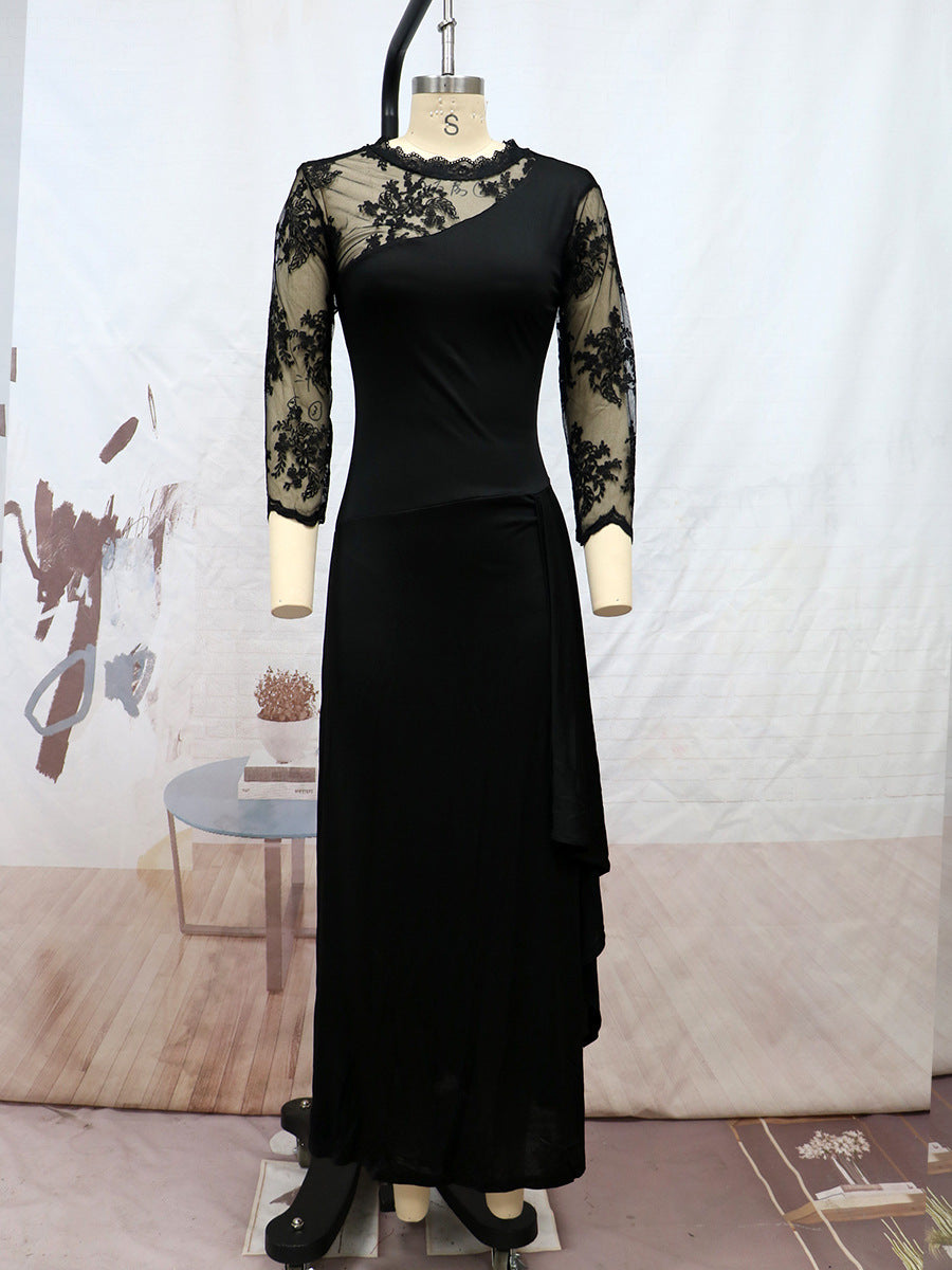 European and American Clothing Foreign Trade Long Lace See-Through Round Neck Mid-Sleeve Dress Wedding Dress Cross-Border Exclusive New Model