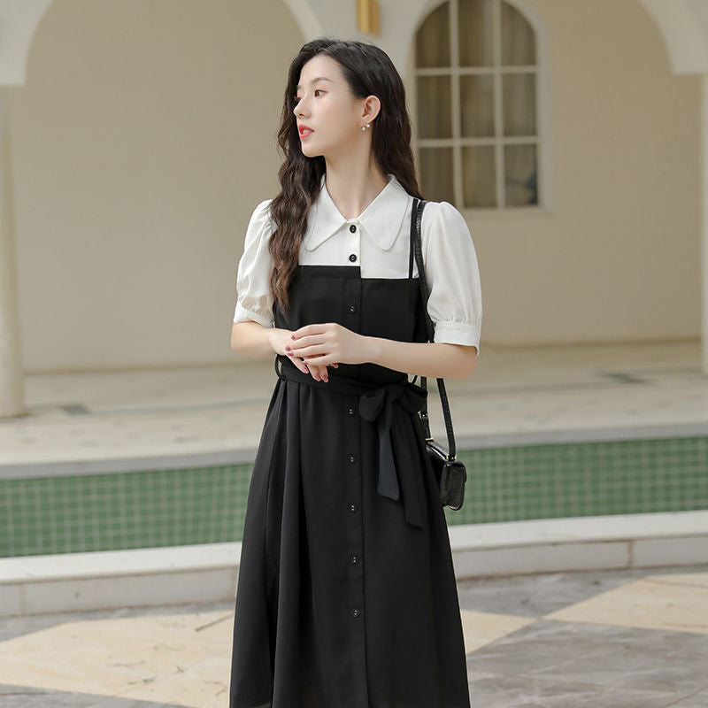 Small black dress elegant skirt women's summer long dress French shirt dress dress [no refund or exchange]]