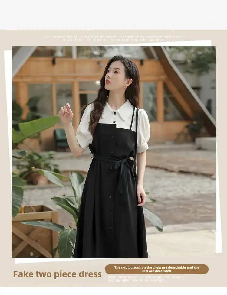Small black dress elegant skirt women's summer long dress French shirt dress dress [no refund or exchange]]