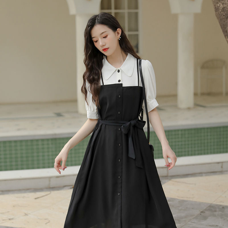 Small black dress elegant skirt women's summer long dress French shirt dress dress [no refund or exchange]]