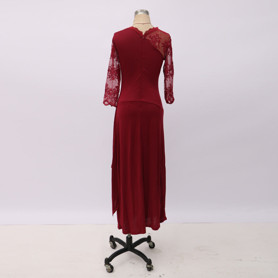 European and American Clothing Foreign Trade Long Lace See-Through Round Neck Mid-Sleeve Dress Wedding Dress Cross-Border Exclusive New Model