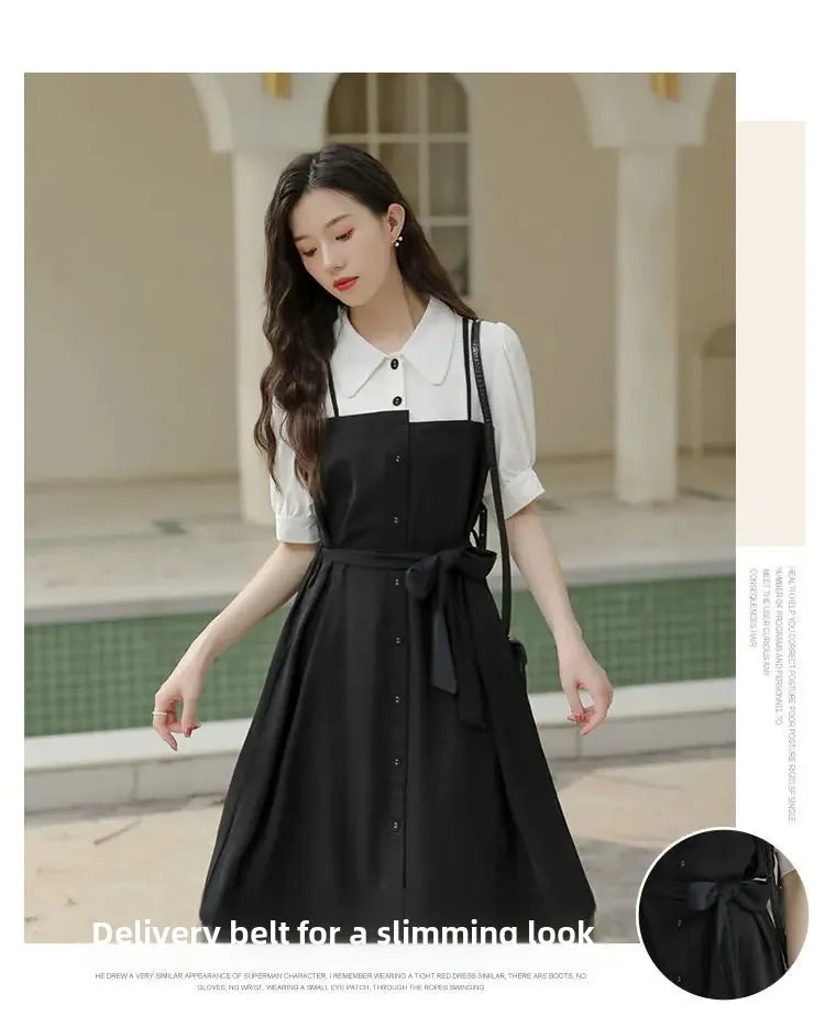 Small black dress elegant skirt women's summer long dress French shirt dress dress [no refund or exchange]]