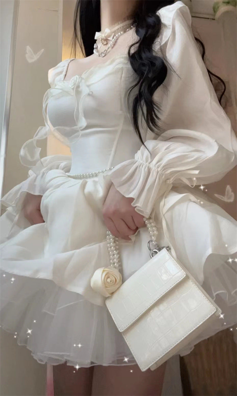 2026 Autumn Korean-Style Girl Group Dress with a Stylish Square Neckline, Waist-Cinching Design, Slimming Effect, Flared Sleeves, and Puffy Gown Dress