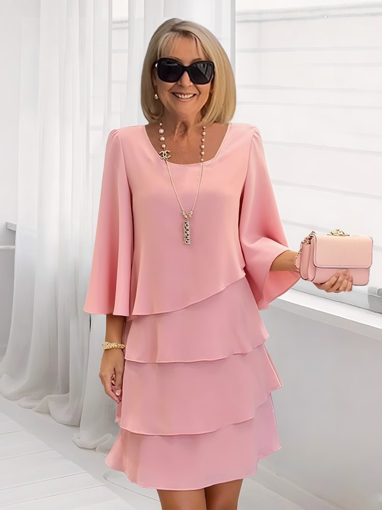 2026 New Amazon Foreign Trade Spring/Summer Fashion Cake Dress Women's Elegant Loose Slimming Round Neck Dress