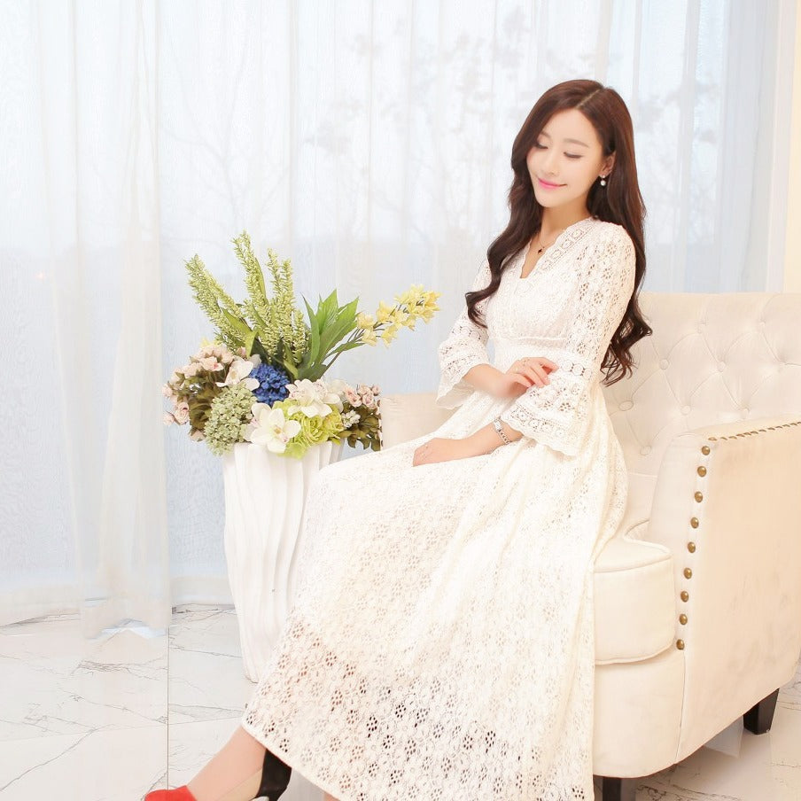 Dress Summer New Style Women's Lace V-Neck Slim Waist Dress Korean Style Dress Vacation Women's Beach Dress